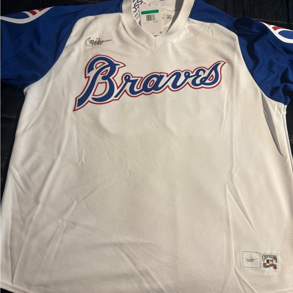 Nike White, Royal Blue & Red 'Braves' Baseball Jersey